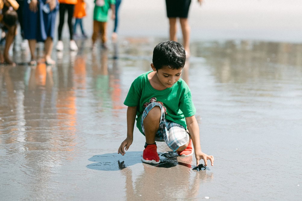 alt="Kinder schützen Meeresschildkröten, Ruben, El Salvador, Ruben lässt am Strand Schildkröten frei, Palmen wedeln im Wind und Häuser stehen am Strand, Compassion Deutschland"